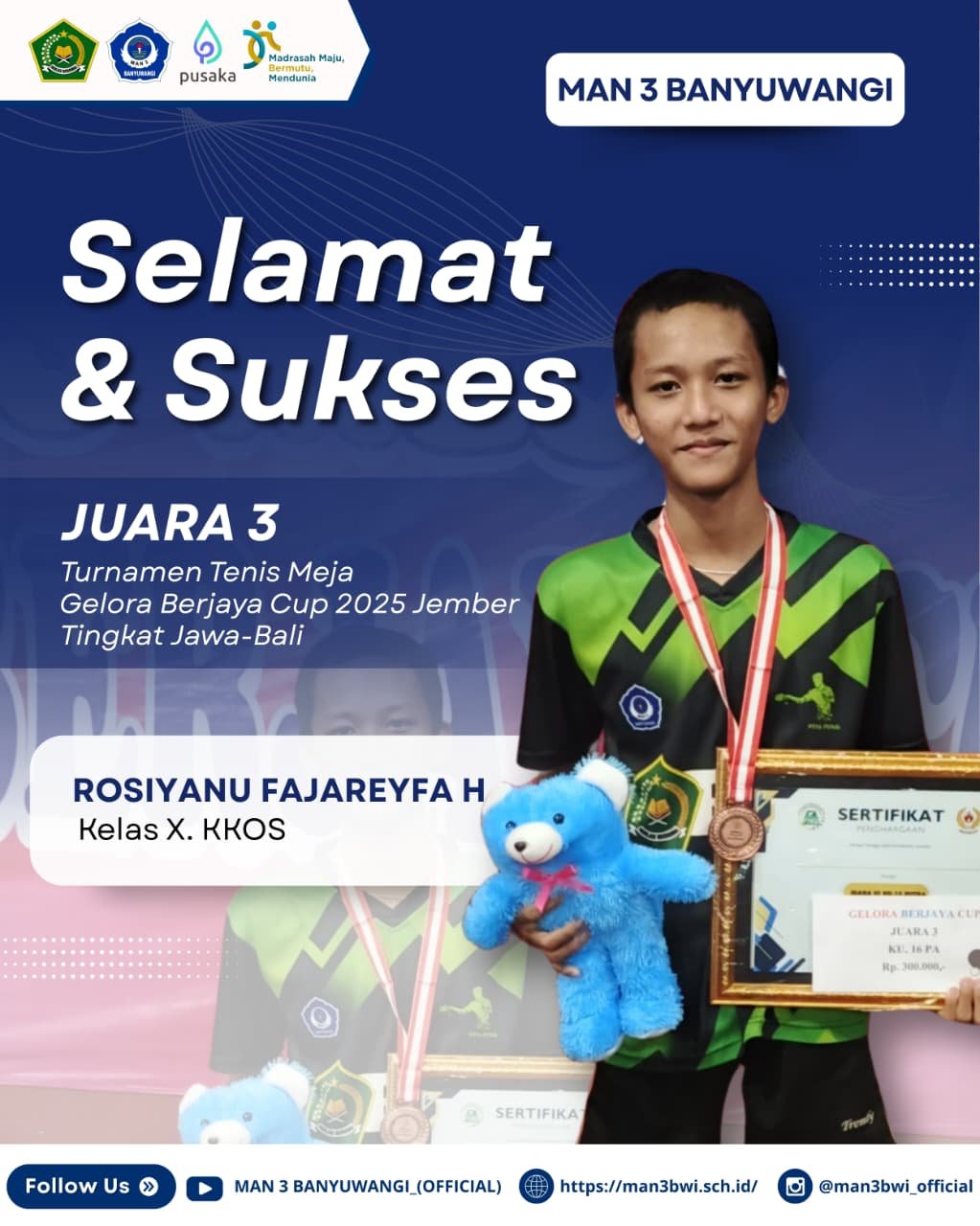 JUARA 3 TENIS MEJA GELORA BERJAYA CUP 2025 TINGKAT JAWA-BALI